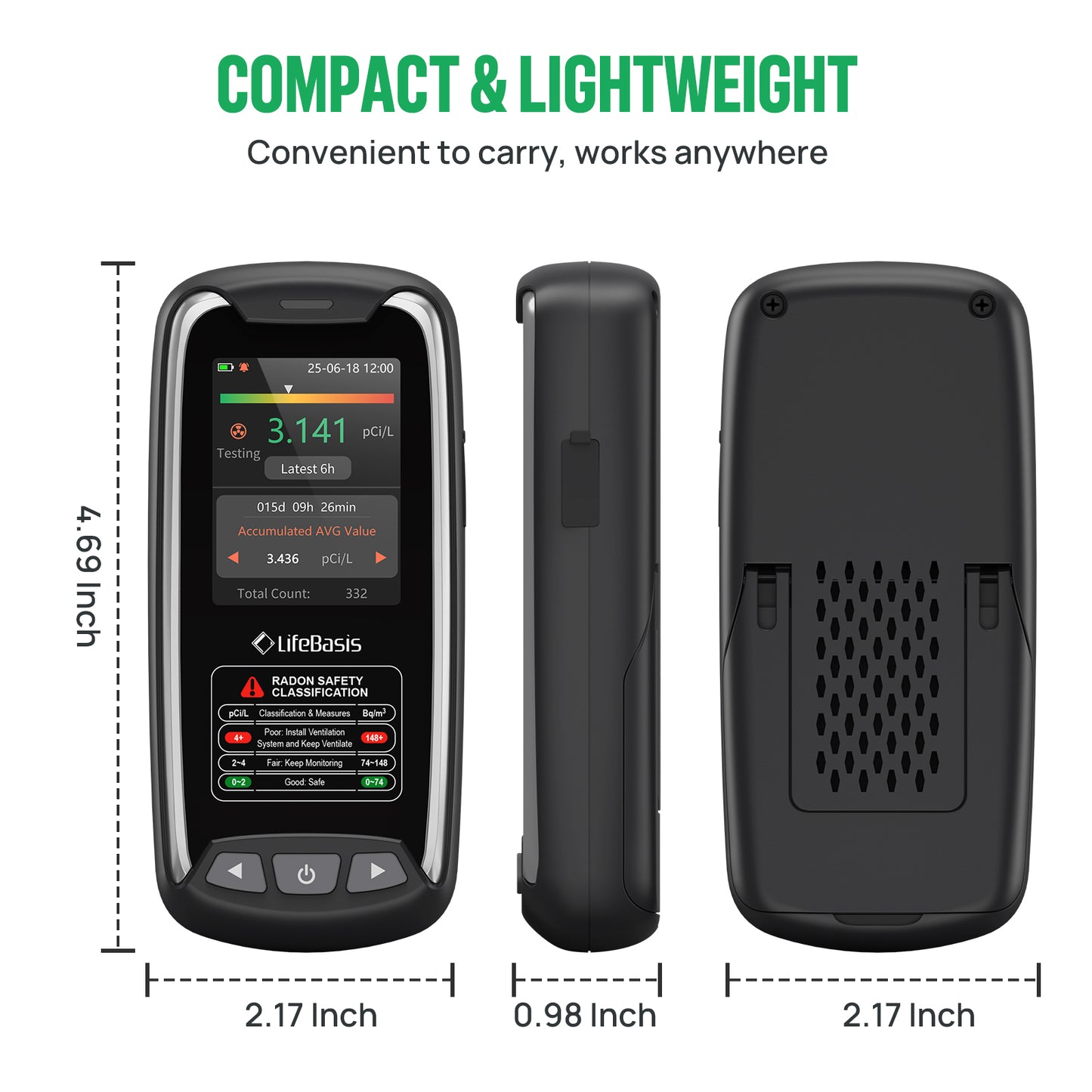 LifeBasis Home Radon Detector with Color Display Portable, Rechargeable Radon Monitor Long & Short Term Tracking, Alerts, pCi/L or Bq/m³