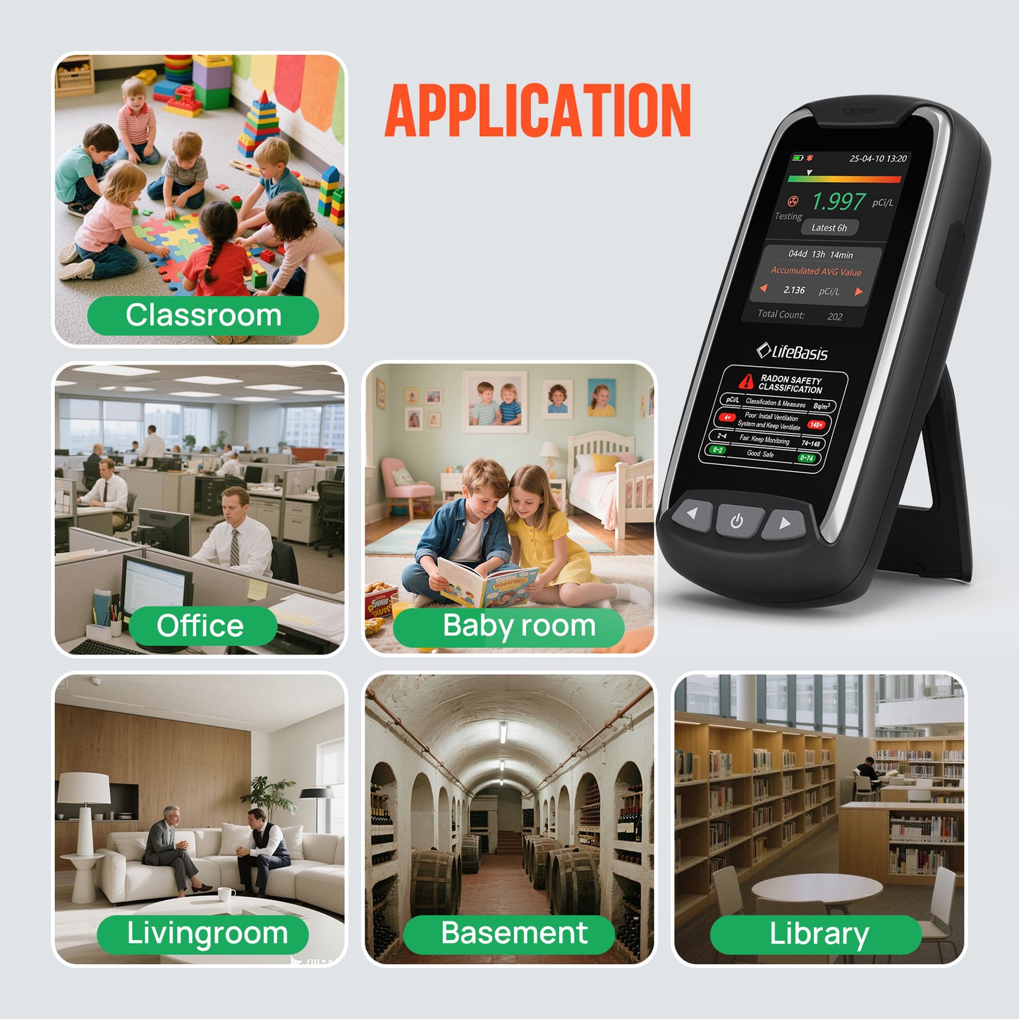LifeBasis Home Radon Detector with Color Display Portable, Rechargeable Radon Monitor Long & Short Term Tracking, Alerts, pCi/L or Bq/m³