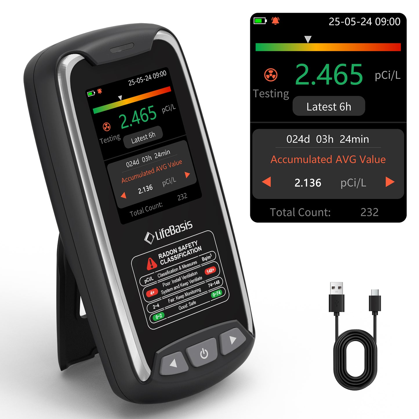 LifeBasis Home Radon Detector with Color Display Portable, Rechargeable Radon Monitor Long & Short Term Tracking, Alerts, pCi/L or Bq/m³