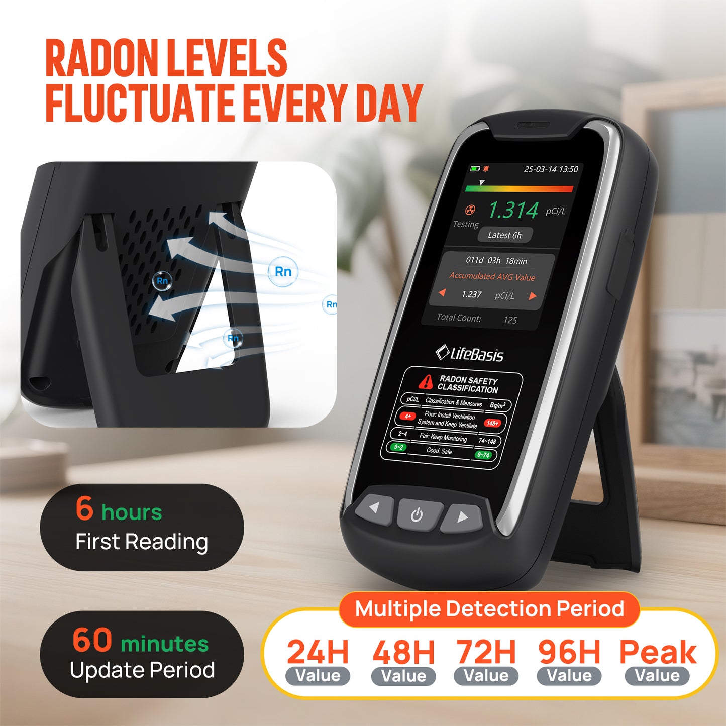 LifeBasis Home Radon Detector with Color Display Portable, Rechargeable Radon Monitor Long & Short Term Tracking, Alerts, pCi/L or Bq/m³