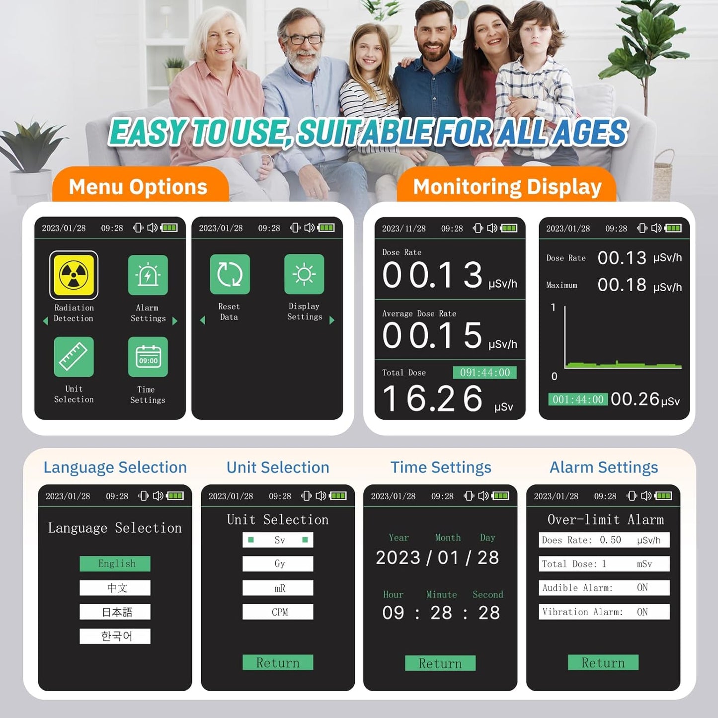 Metrinary Geiger Counter Nuclear Radiation Detector Beta Gamma X-ray Radiation Monitor with TFT Display and Smart Alert
