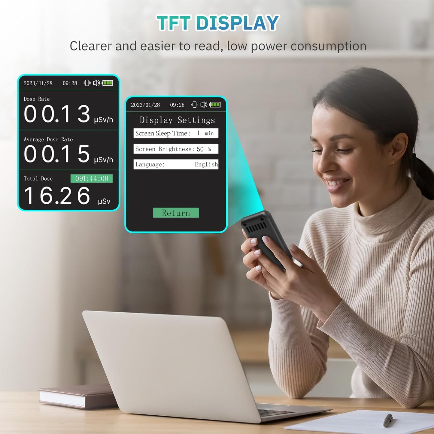 Metrinary Geiger Counter Nuclear Radiation Detector Beta Gamma X-ray Radiation Monitor with TFT Display and Smart Alert