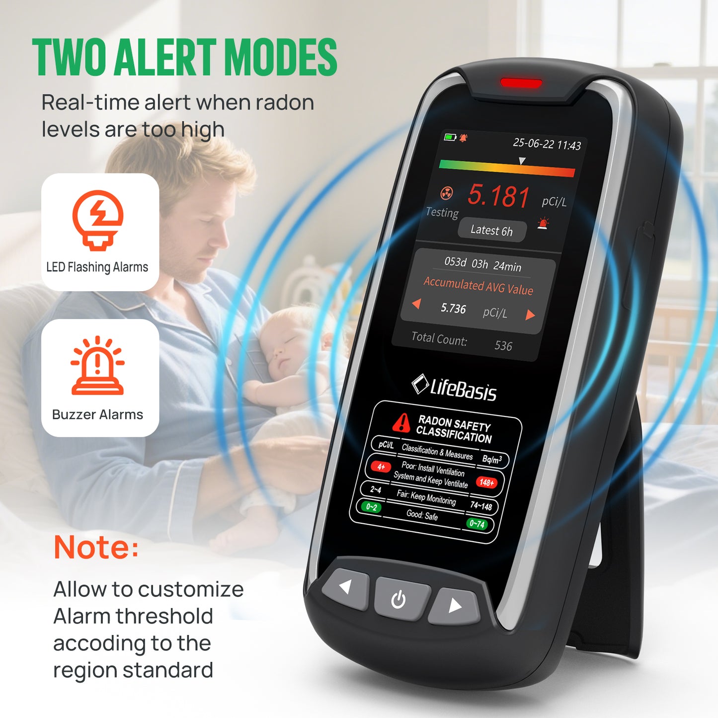 LifeBasis Home Radon Detector with Color Display Portable, Rechargeable Radon Monitor Long & Short Term Tracking, Alerts, pCi/L or Bq/m³
