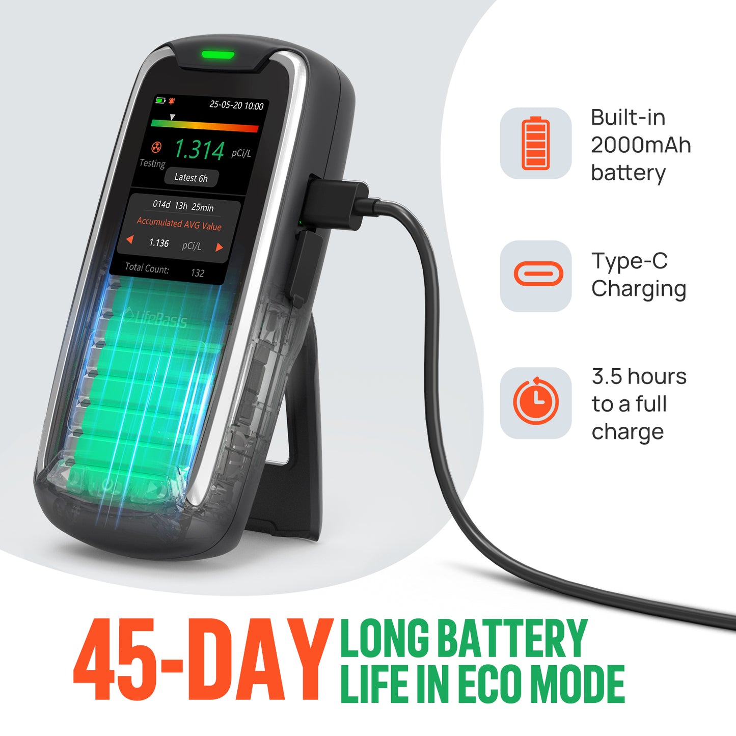 LifeBasis Home Radon Detector with Color Display Portable, Rechargeable Radon Monitor Long & Short Term Tracking, Alerts, pCi/L or Bq/m³
