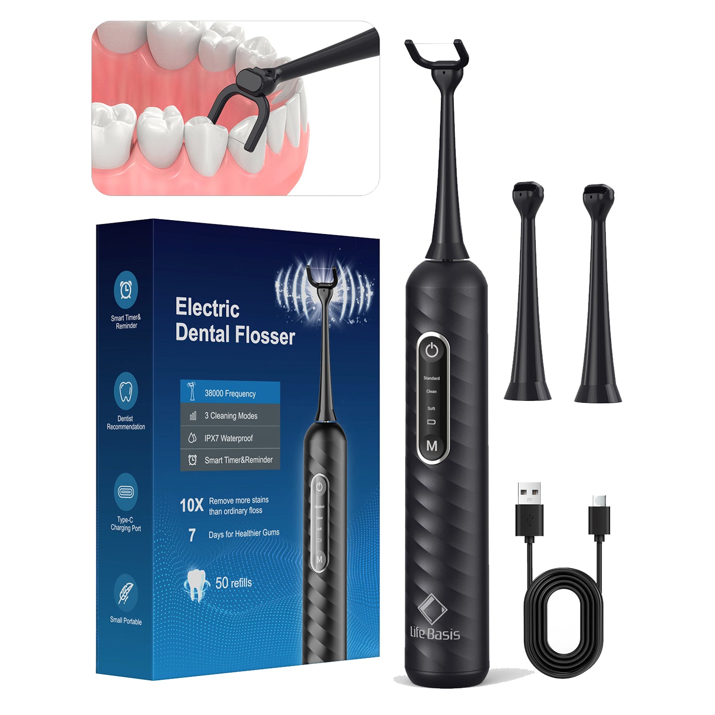 LifeBasis Electric Flosser 3 Cleaning Modes Rechargeable Sonic Interdental Cleaner for Teeth Deep Cleaning, Portable Waterproof Dental Flosser for Home & Travel