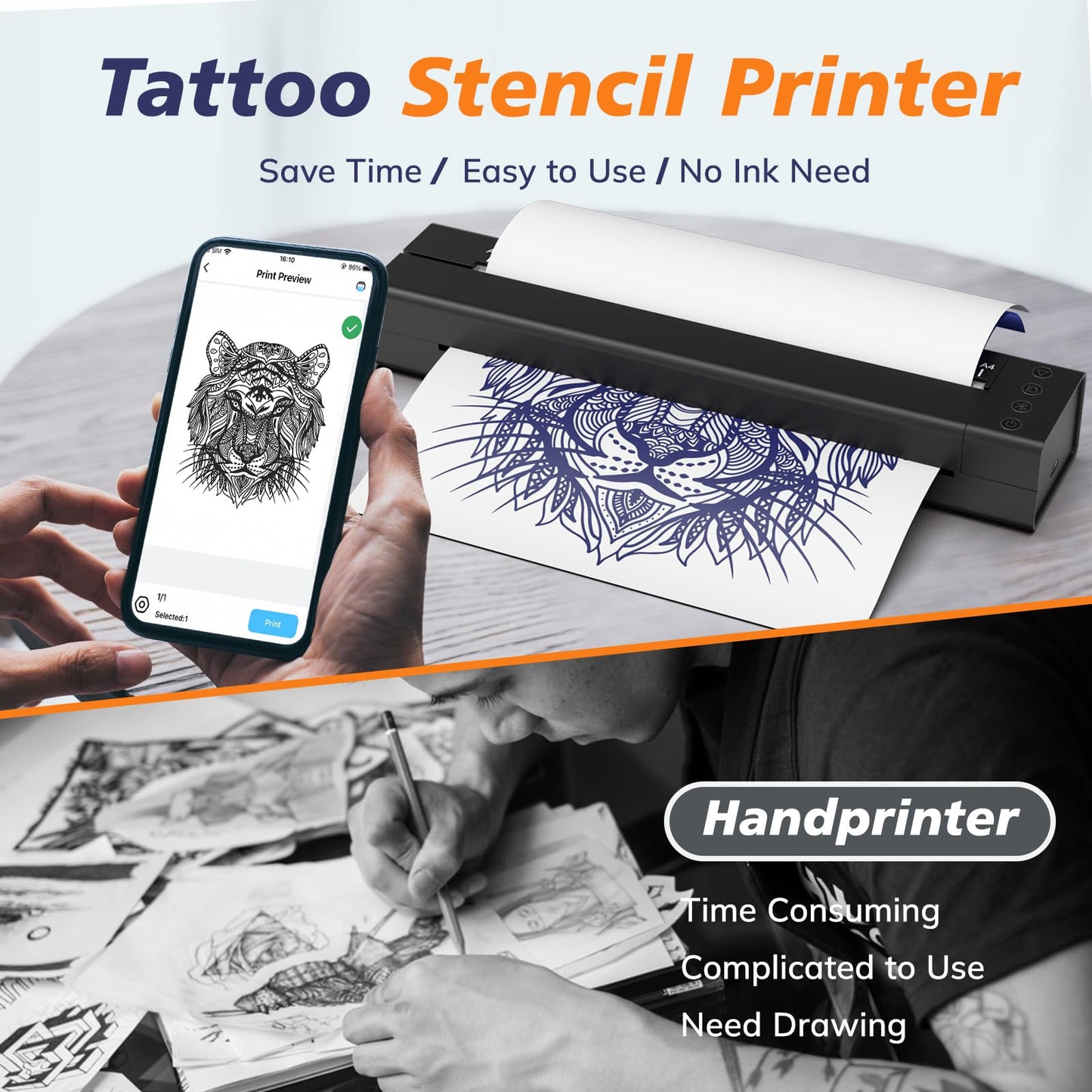 LifeBasis OEP700E Bluetooth Tattoo Stencil Printer 2025 Upgraded Wireless Tattoo Stencil Transfer Machine Compatible with Android and iOS System