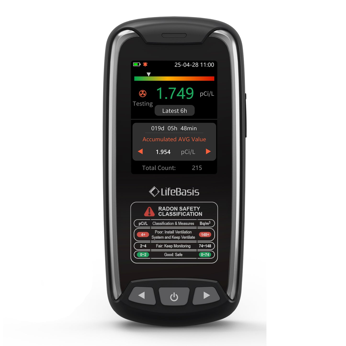 LifeBasis Home Radon Detector with Color Display Portable, Rechargeable Radon Monitor Long & Short Term Tracking, Alerts, pCi/L or Bq/m³