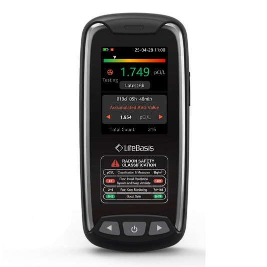 LifeBasis Home Radon Detector with Color Display Portable, Rechargeable Radon Monitor Long & Short Term Tracking, Alerts, pCi/L or Bq/m³