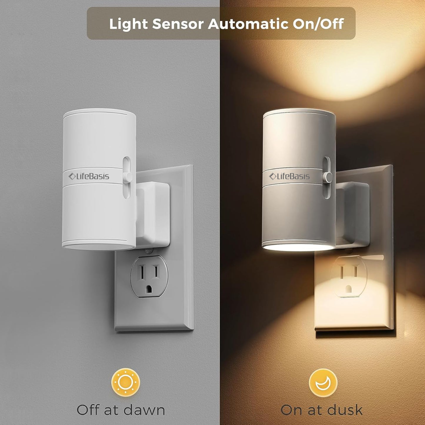 LifeBasis LED Night Light (2-Pack) - Auto On/Off, Adjustable Warm White Light for Bedroom, Hallway