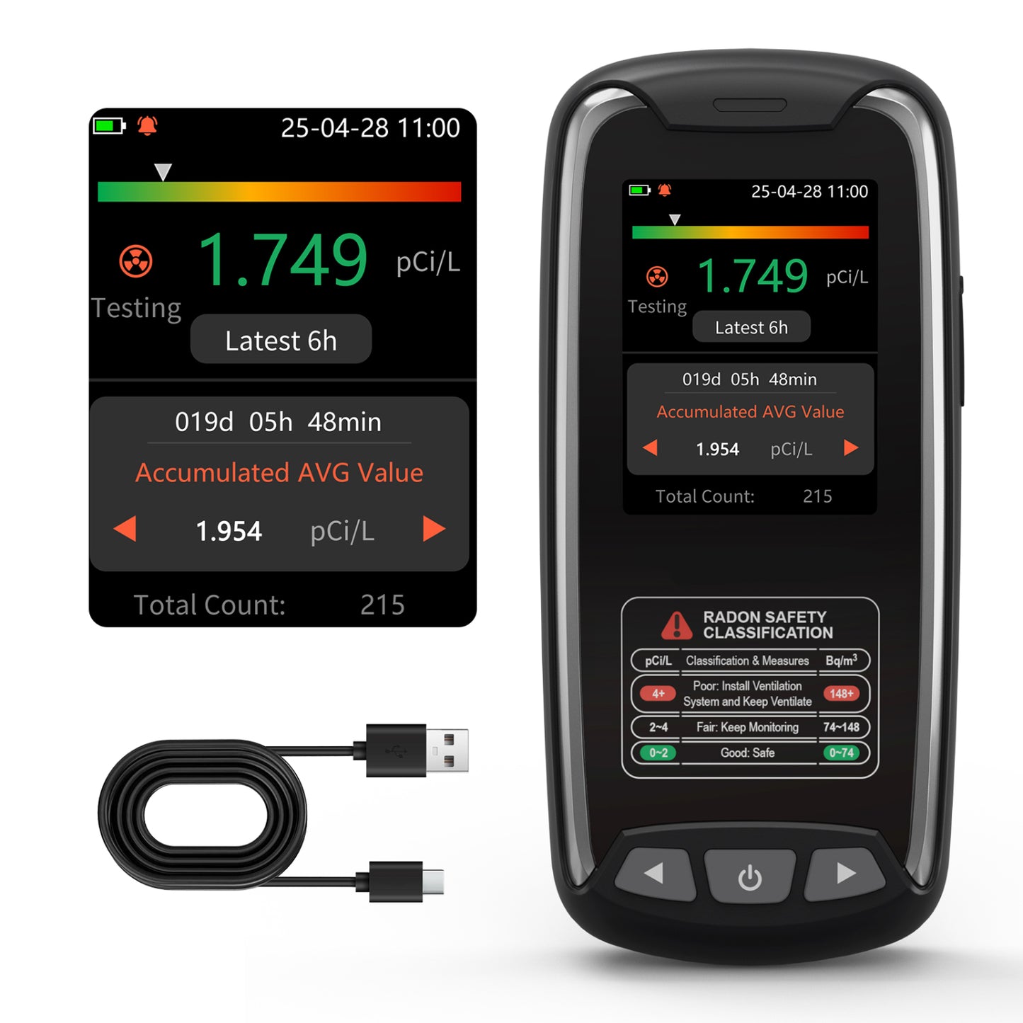 Metrinary Home Radon Detector with Color Display Portable, Rechargeable Radon Monitor Long & Short Term Tracking, Alerts, pCi/L or Bq/m³ (Copy)