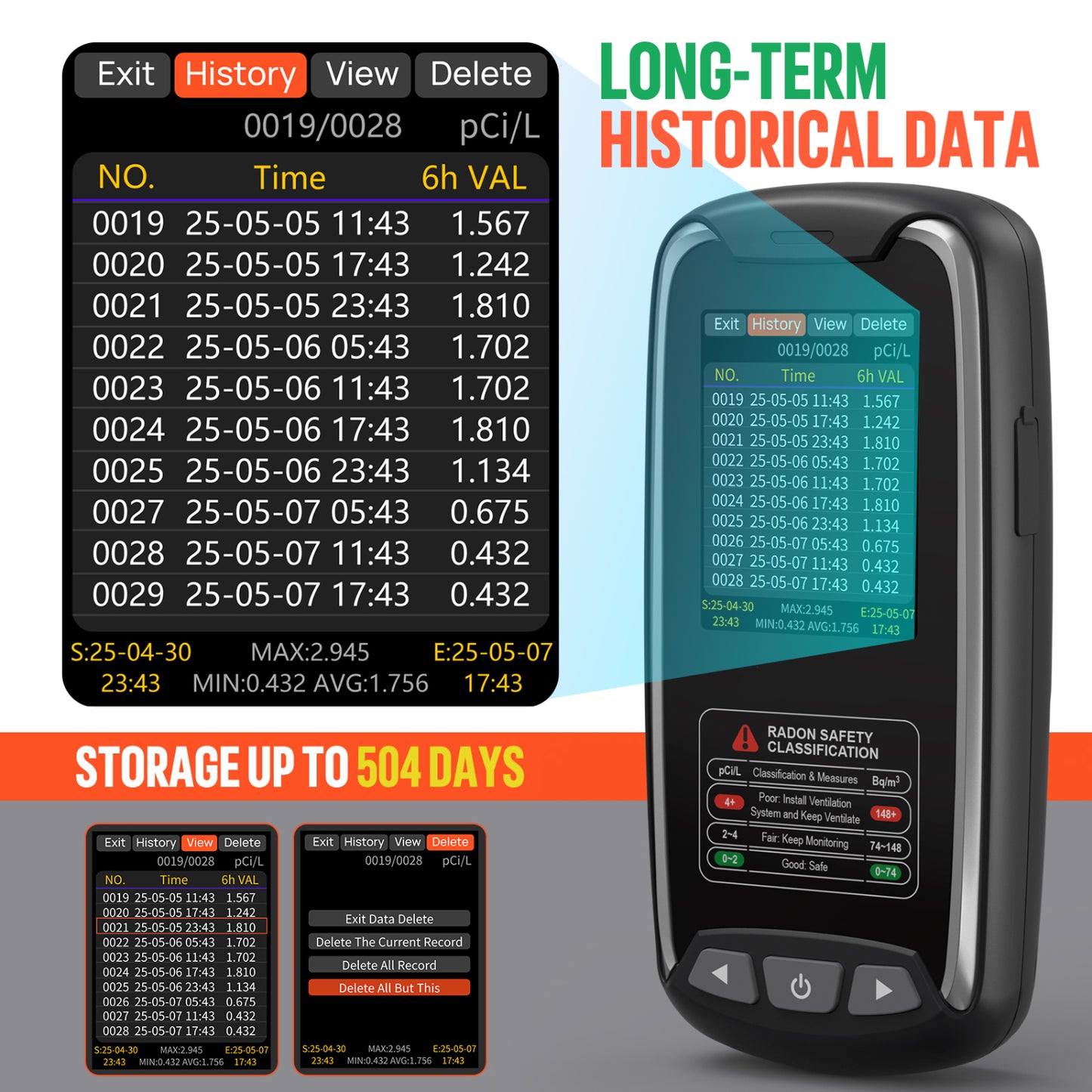 Metrinary Home Radon Detector with Color Display Portable, Rechargeable Radon Monitor Long & Short Term Tracking, Alerts, pCi/L or Bq/m³ (Copy)