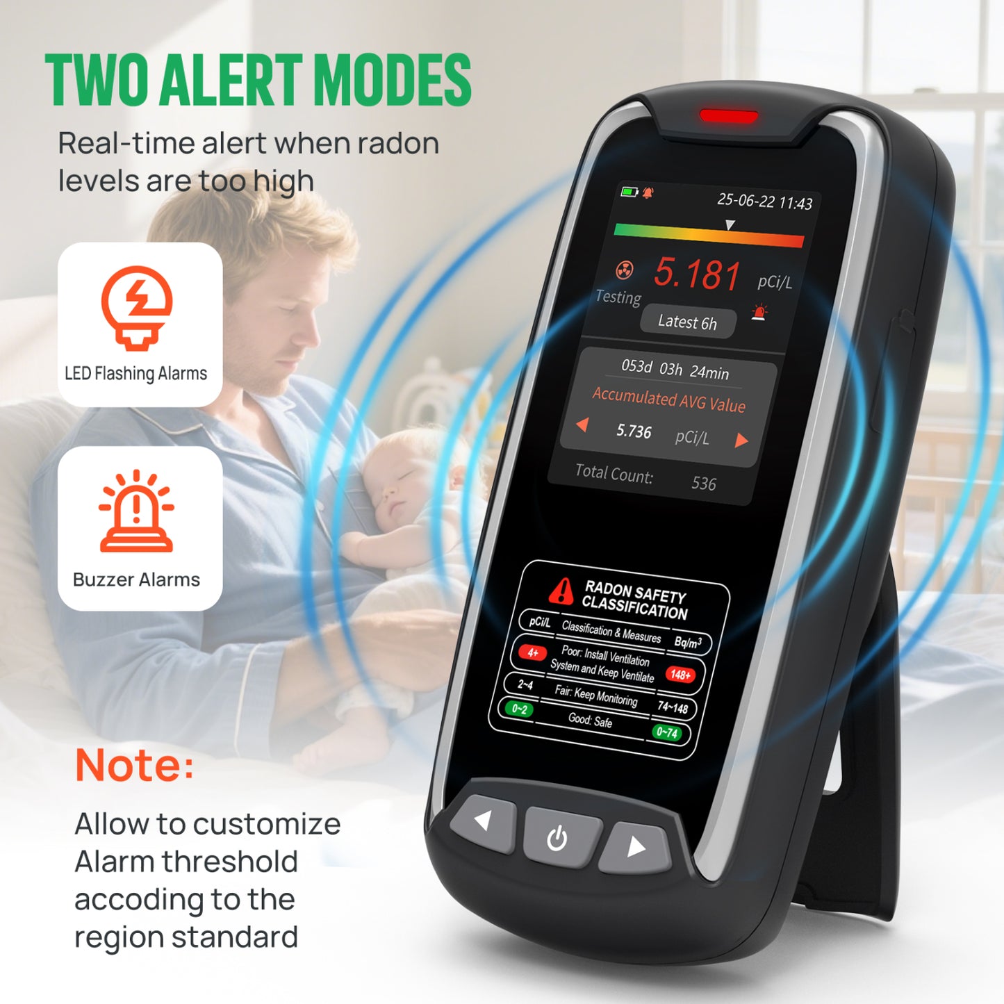 Metrinary Home Radon Detector with Color Display Portable, Rechargeable Radon Monitor Long & Short Term Tracking, Alerts, pCi/L or Bq/m³ (Copy)