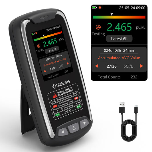 LifeBasis Home Radon Detector with Color Display Portable, Rechargeable Radon Monitor Long & Short Term Tracking, Alerts, pCi/L or Bq/m³