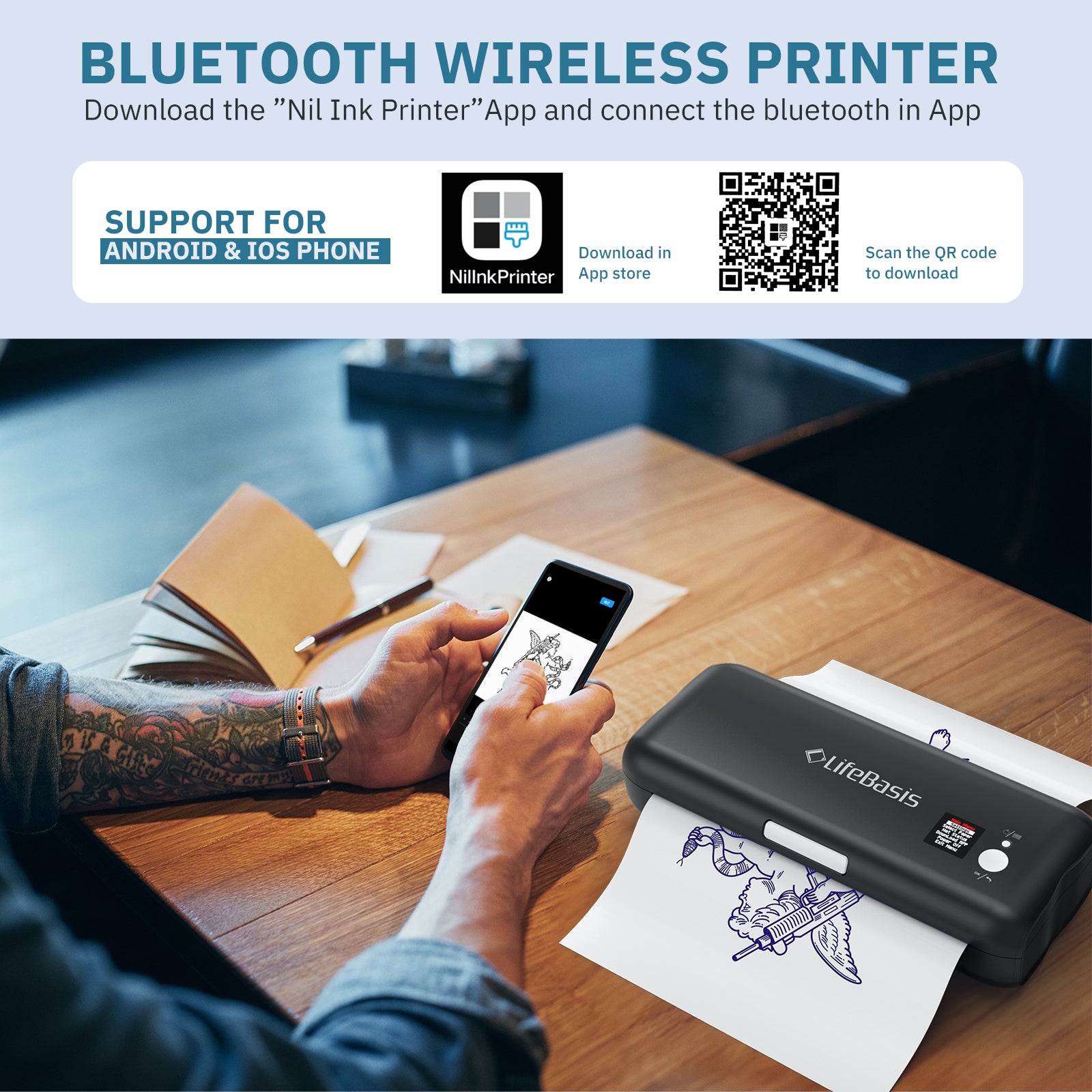 LifeBasis Bluetooth Tattoo Stencil Printer Wireless Thermal Tattoo Copier Compatible with iOS and Android Presell