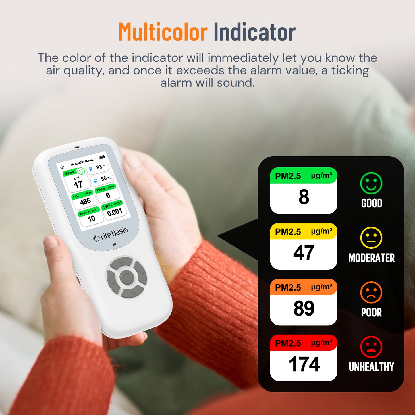 LifeBasis 10 in 1 Air Quality Monitor Multifunctional Real-Time Air Meter Test AQI PM1.0 PM2.5 PM10 CO2 TVOC HCHO Particles Temperature and Humidity