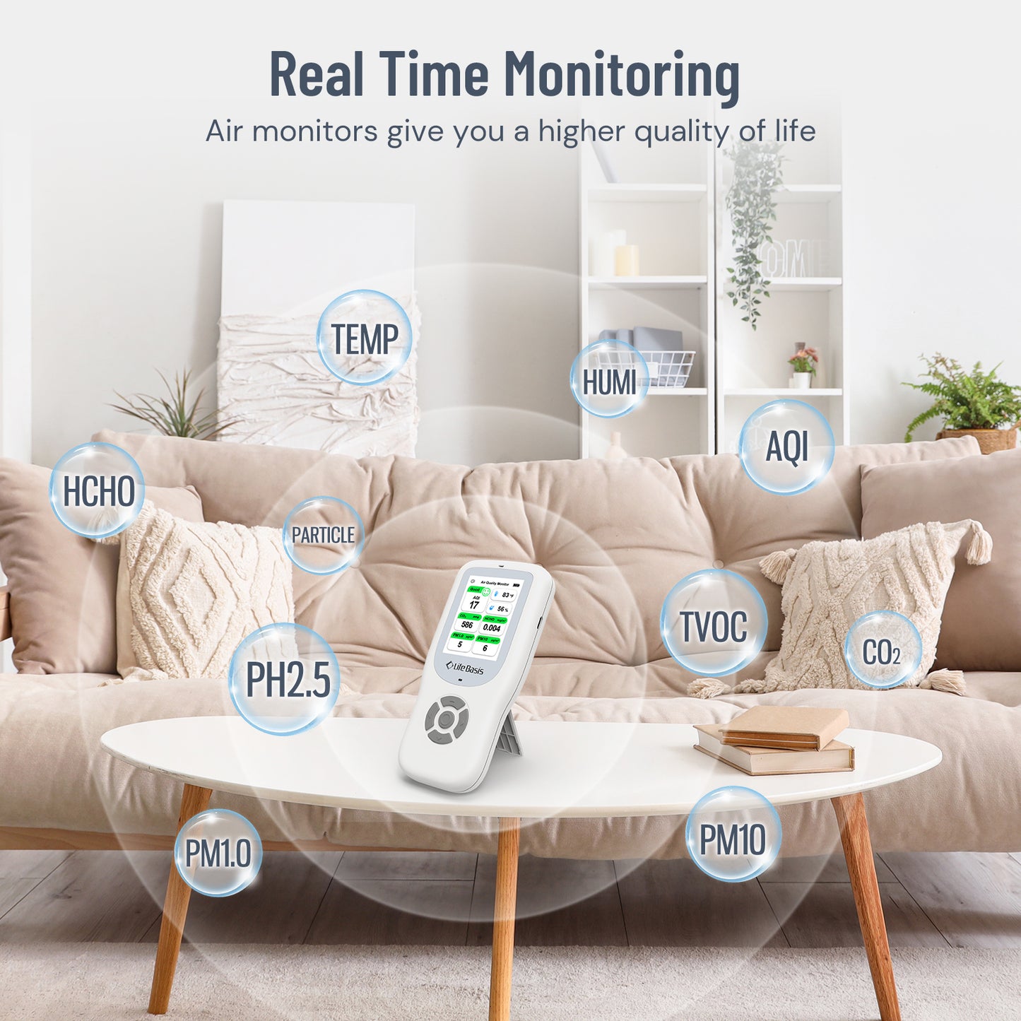 LifeBasis 10 in 1 Air Quality Monitor Multifunctional Real-Time Air Meter Test AQI PM1.0 PM2.5 PM10 CO2 TVOC HCHO Particles Temperature and Humidity