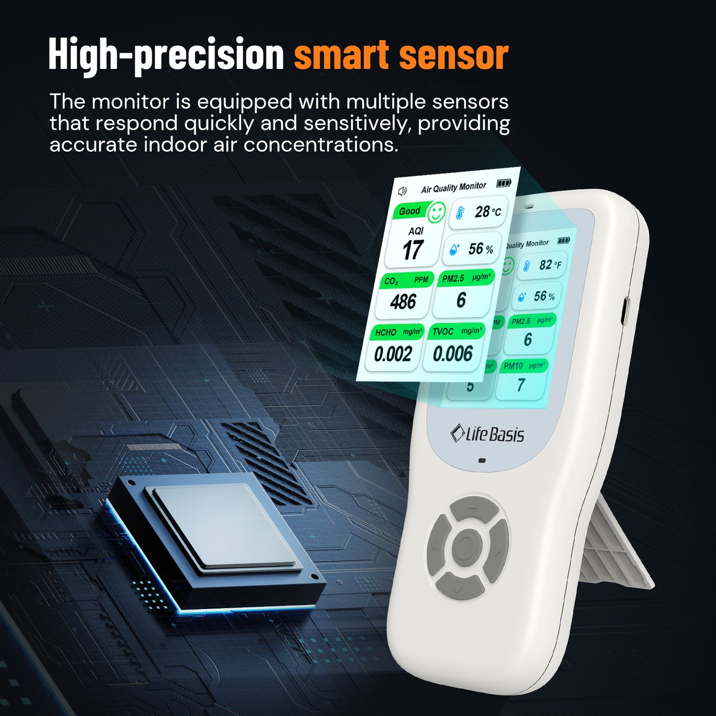 LifeBasis 10 in 1 Air Quality Monitor Multifunctional Real-Time Air Meter Test AQI PM1.0 PM2.5 PM10 CO2 TVOC HCHO Particles Temperature and Humidity