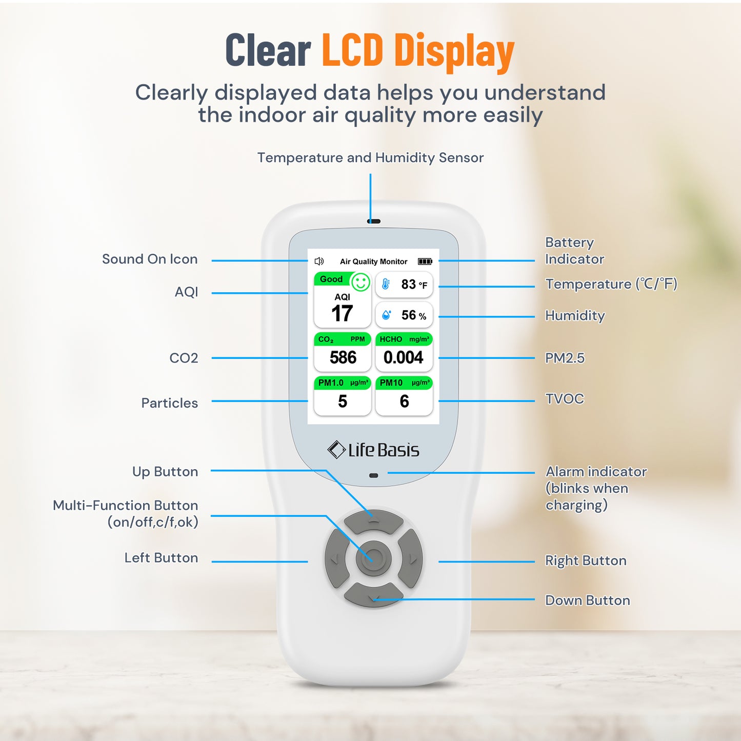 LifeBasis 10 in 1 Air Quality Monitor Multifunctional Real-Time Air Meter Test AQI PM1.0 PM2.5 PM10 CO2 TVOC HCHO Particles Temperature and Humidity