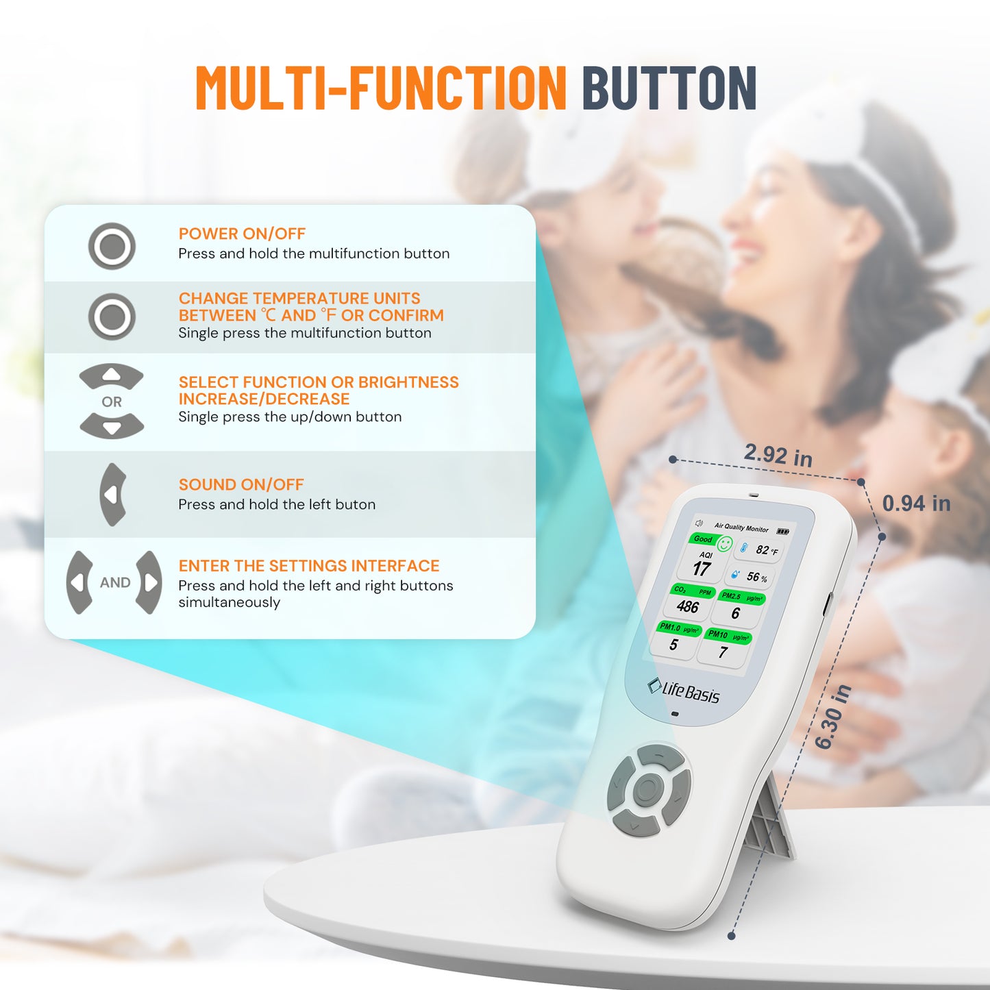 LifeBasis 10 in 1 Air Quality Monitor Multifunctional Real-Time Air Meter Test AQI PM1.0 PM2.5 PM10 CO2 TVOC HCHO Particles Temperature and Humidity