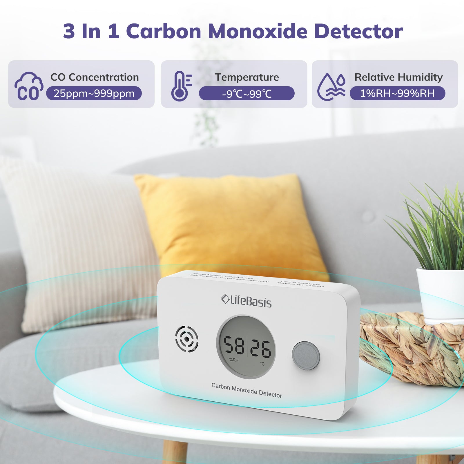 LifeBasis 3 in 1 Carbon Monoxide Detector