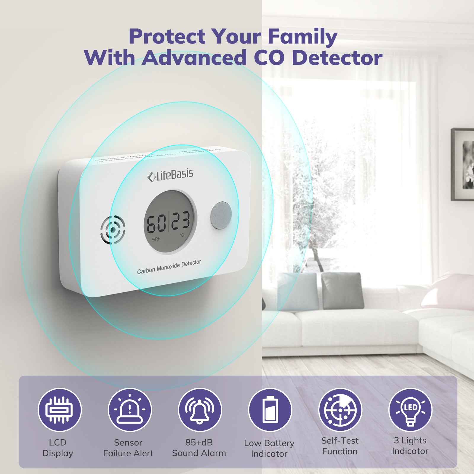CPVAN Carbon Monoxide Detector 3 In 1, 10 Years Battery, CO Detector With Temperature And Humidity, European Standard EN50291 - 13
