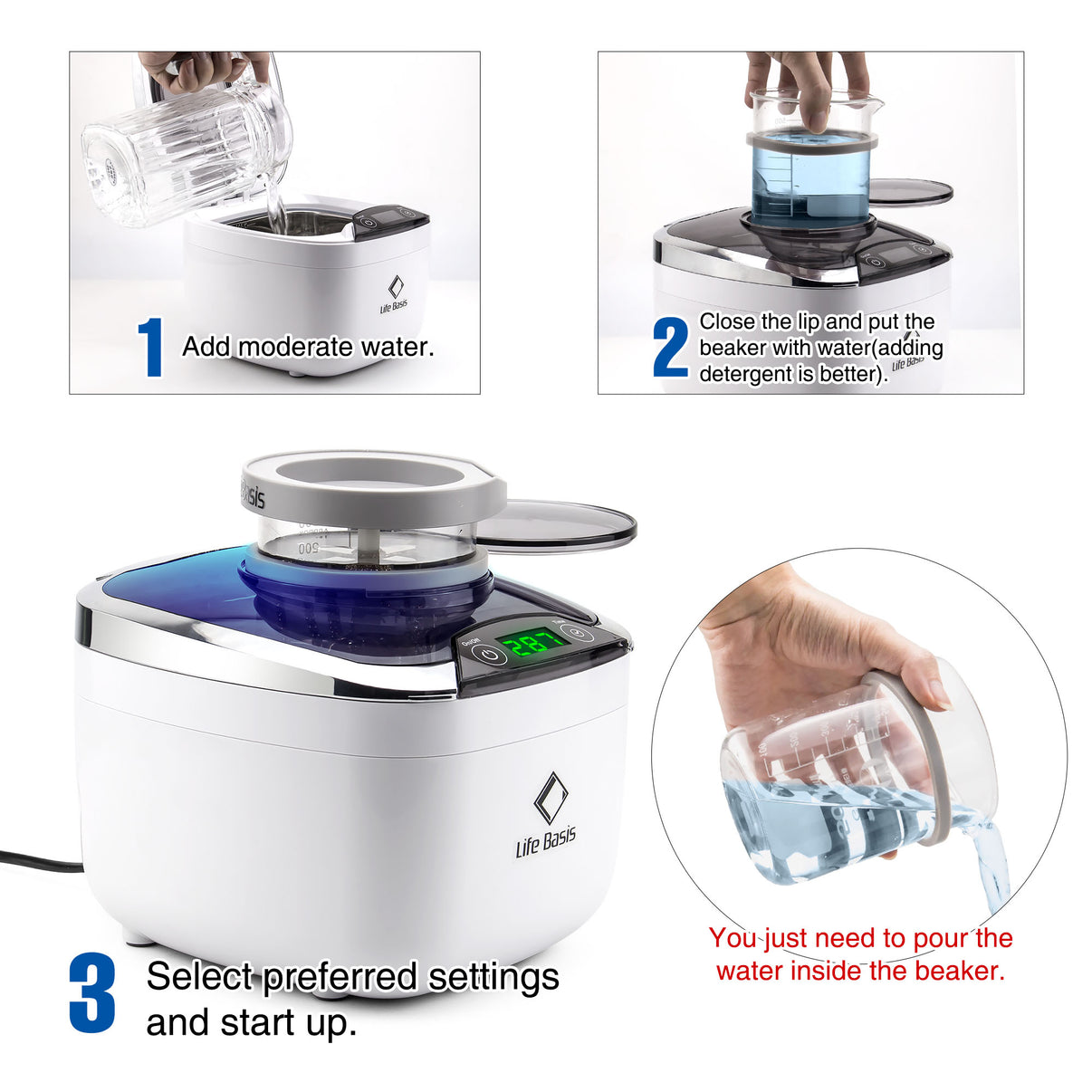 LifeBasis CDS400B Ultrasonic Cleaner 870ml Digital Ultrasonic with 50