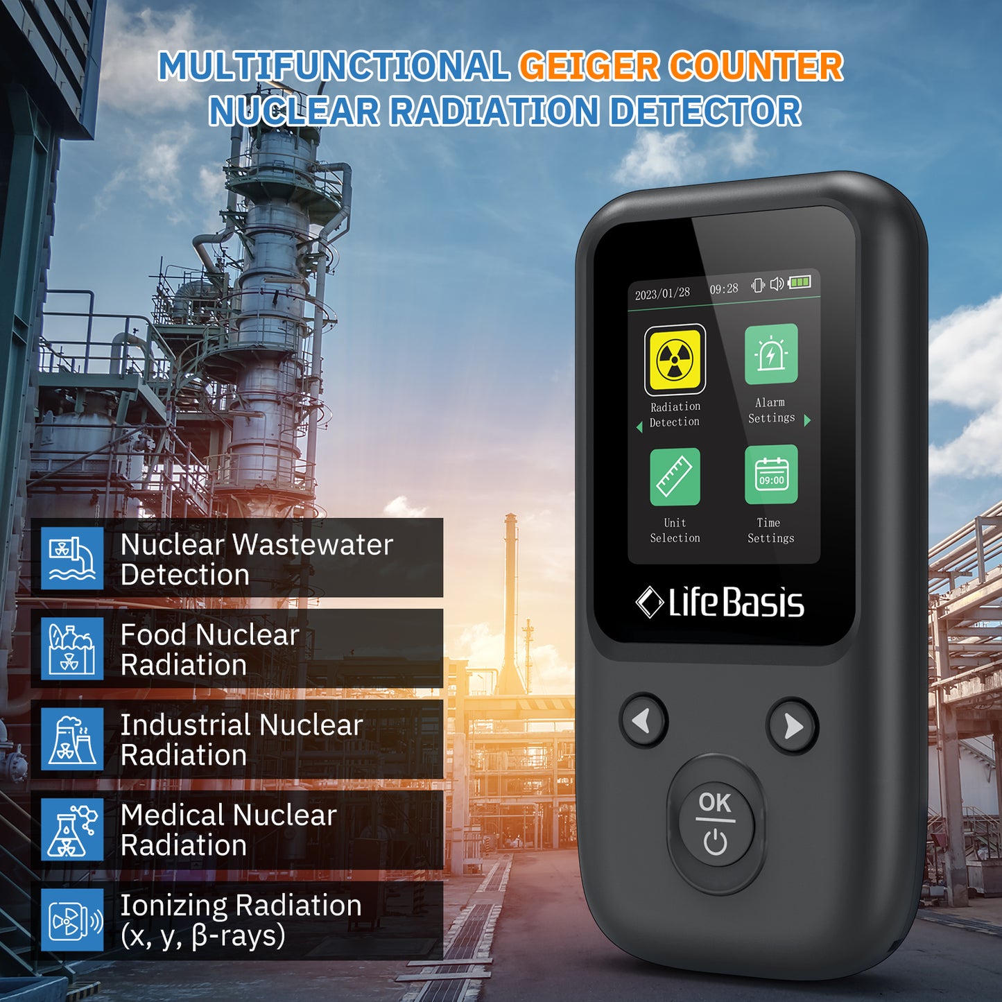 Life Basis Geiger Counter Nuclear Radiation Detector Beta Gamma X-ray Radiation Monitor with TFT Display and Smart Alert