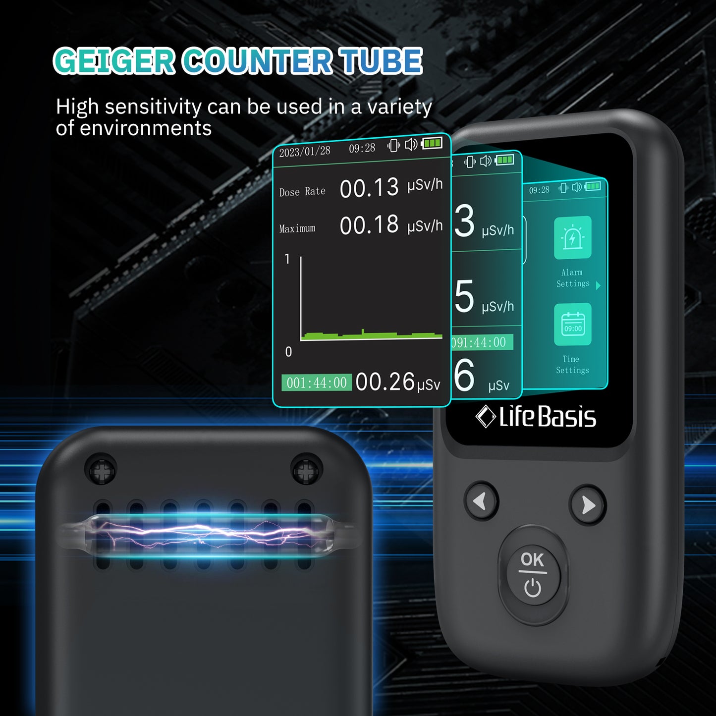 Life Basis Geiger Counter Nuclear Radiation Detector Beta Gamma X-ray Radiation Monitor with TFT Display and Smart Alert