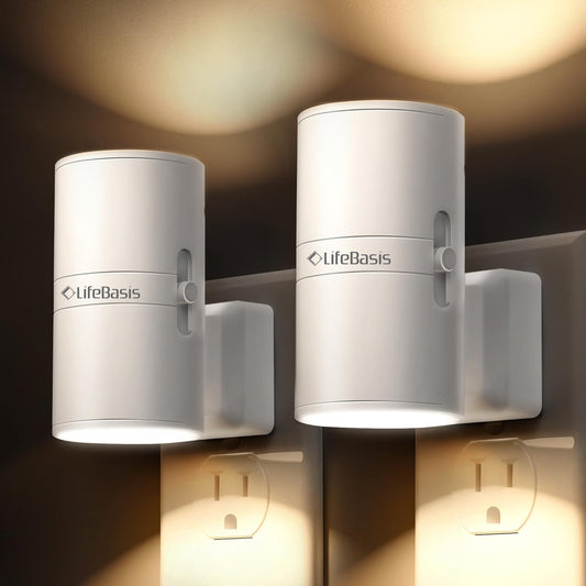 LifeBasis LED Night Light (2-Pack) - Auto On/Off, Adjustable Warm White Light for Bedroom, Hallway