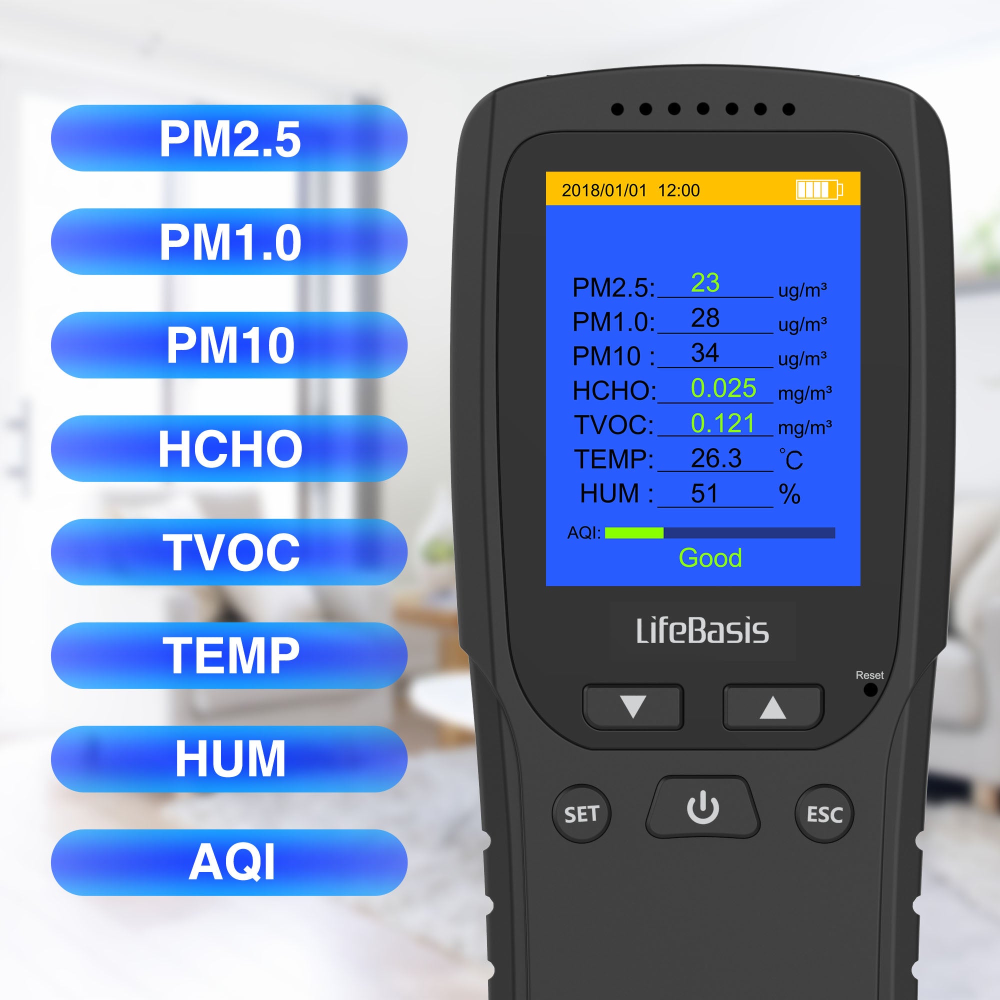 LifeBasis Formaldehyde Detector Air Quality Monitor for HCHO TVOC