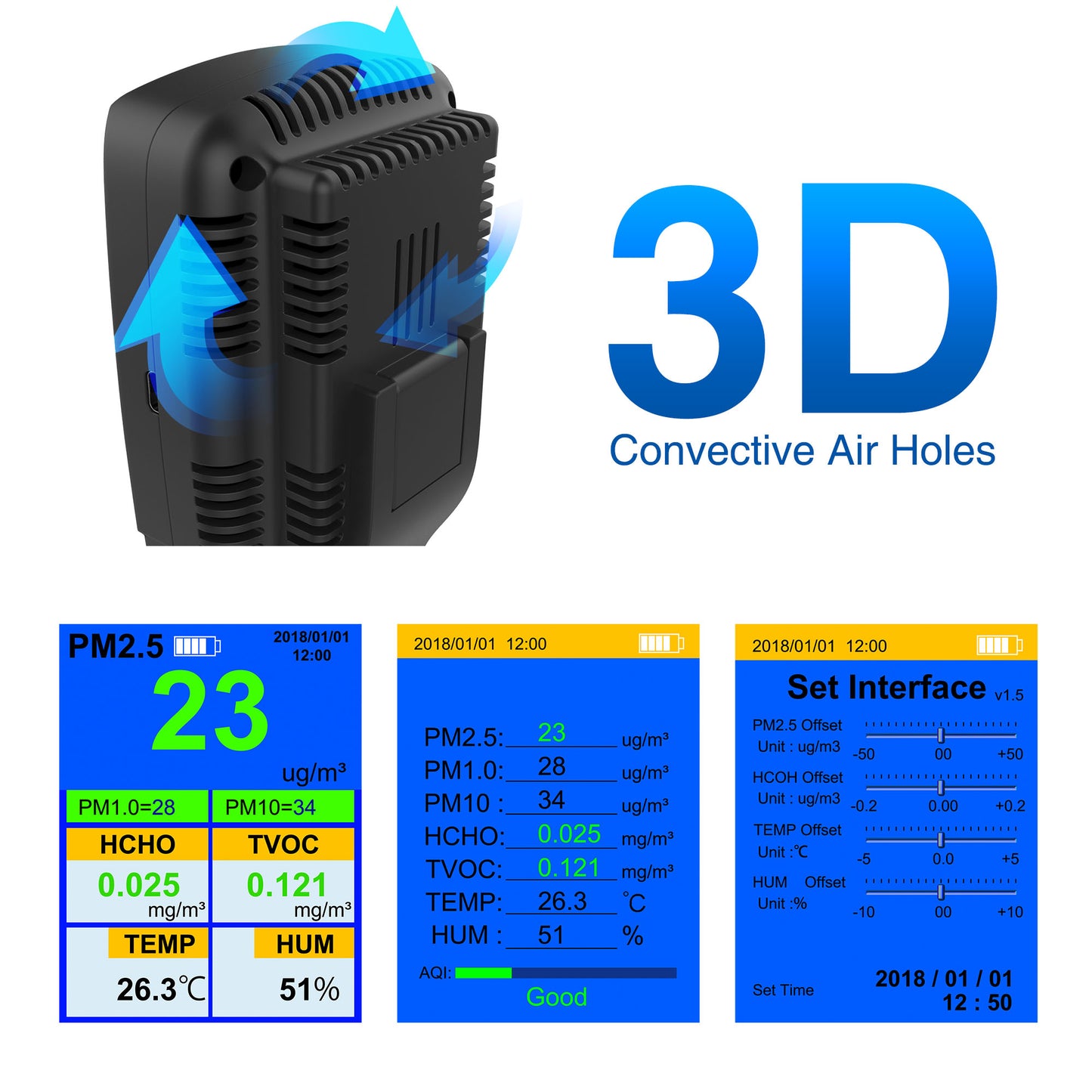 LifeBasis Formaldehyde Detector Air Quality Monitor for HCHO TVOC VOC AQI PM1.0 PM2.5 PM10 Particles Ultrafine Dust TEMP HUM Real Time Air Tester Kit